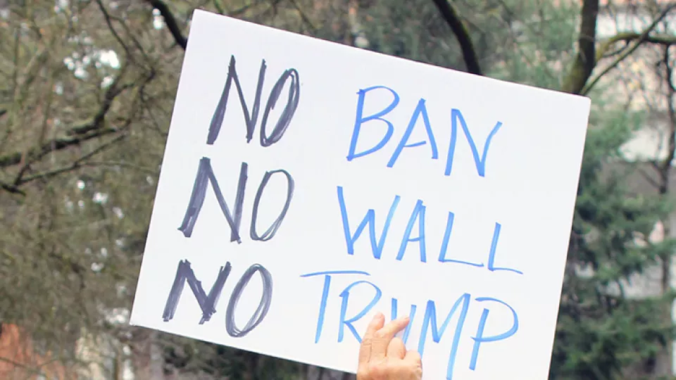 Protest-sign saying No ban, no wall, no Trump