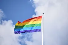 Regnbågsflagga mot himmelsbakgrund. Foto. 