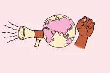 En illustration av en megafon, en jordglob och en knyten näve mot en rosa bakgrund.